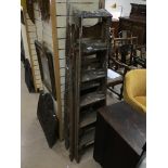 TWO VINTAGE WOODEN ARCHITECTURAL STEP LADDERS, ONE WITH METAL DETAILING TO THE HINGES, LARGEST 175CM