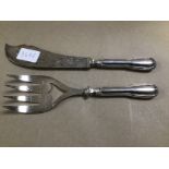 A CHRISTOFLE SILVER PLATED FISH SERVING FORK AND KNIFE, 28CM