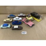 A GROUP OF TEN DIECAST TOY CARS, MOST BY DINKY AND CORGI