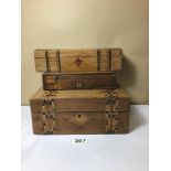 THREE VICTORIAN WOODEN BOXES, TWO WITH INLAID PARQUETRY DECORATION, LARGEST 25 CM WIDE