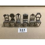 SIX SILVER PLATE MINATURE CHAIR PLACE CARDHOLDERS,