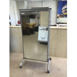 A VINTAGE RETRO DOUBLE SIDED SHOP FLOOR MIRROR ON CASTORS, 174 X 90CM