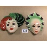 TWO CROWN DEVON HAND PAINTED WALL FACE MASKS BY DO
