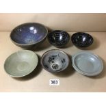 A GROUP OF SIX EARLY CHINESE GLAZED POTTERY BOWLS, LARGEST 18.5 CM DIAMETER