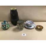 FIVE MIXED POTTERY ITEMS, INCLUDING TEA CUP AND SAUCER, VASE, LIDDED SUGAR POT ETC