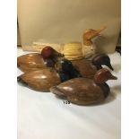 FIVE VINTAGE DECOY WOODEN DUCKS