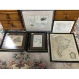 A GROUP OF FIVE FRAMED AND GLAZED MAPS, INCLUDING SOUTH AMERICA AND CORNWALL