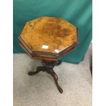 A VICTORIAN BURR WALNUT TRUMPET SEWING BOX, 69CM HIGH