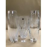 THREE HAND CUT ROCKINGHAM CRYSTAL GLASS FLOWER VASES IN ORIGINAL BOXES, LARGEST 30CM HIGH