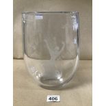 A LARGE ETCHED GLASS VASE OF OVAL FORM WITH SCENE OF A LADY AND BIRDS TO ONE SIDE, SIGNED AND