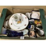A BOX OF MIXED CHINA OF PLATES AND CUPS INCLUDING
