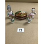 FOUR CONTINENTAL PORCELAIN FIGURES OF LADIES AND AN OVAL CERAMIC TRINKET POT
