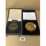 TWO UNUSUAL LARGE BRONZED MEDALLIONS IN ORIGINAL FITTED BOXES