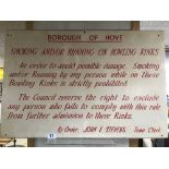 A 20TH CENTURY WOODEN BOUROUGH OF HOVE WARNING BOARD ADVISING PEOPLE SMOKING AND/OR RUNNING ON