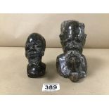 A PAIR OF CARVED AFRICAN VERDITE BUSTS, LARGEST 14 CM HIGH