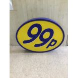A LARGE CORNER SHOP ILLUMINATING '99P' ADVERTISING SIGN OF OVAL FORM, 88CM WIDE