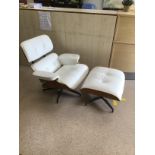 AN EAMES STYLE WHITE LEATHER 1970'S STYLE CHAIR AND FOOT STOOL