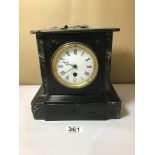 A 19TH CENTURY SLATE AND MARBLE MANTLE CLOCK, THE ENAMEL DIAL WITH ROMAN NUMERALS DENOTING HOURS, 22