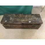 A VICTORIAN METAL BOUND WORK BOX IN PINE