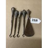 FOUR VICTORIAN SILVER HANDLED BUTTON HOOKS AND A S