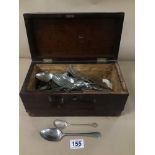 A VICTORIAN BOX WITH A COLLECTION OF CUTLERY INCLU