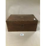 A VICTORIAN MAHOGANY WRITING SLOPE WITH INLAID PARQUETRY DETAILING THE BORDERS, 35CM WIDE