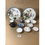 A MIXED GROUP OF SMALL CHINESE PORCELAIN AND CERAMICS, INCLUDING TEAPOT, BLUE AND WHITE PIN DISH AND