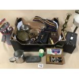 MIXED BOX OF ITEMS INCLUDING MILITARY BELT, FLASK