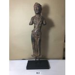 A LARGE ORIENTAL BRONZED METAL FIGURE OF A PARTIALLY NUDE LADY, MOUNTED UPON METAL BASE, 49.5 CM