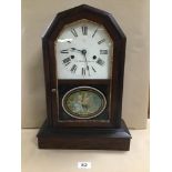 A LATE 19TH CENTURY MAHOGANY CASED MANTLE CLOCK BY SETH THOMAS CLOCK COMPANY, THE ENAMEL DIAL WITH