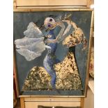 A MODERNIST OIL PAINTING OF A MYTHICAL WINGED FIGURE RIDING A RAM LIKE CREATURE, SIGNED S.
