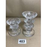 TWO SIMILAR STYLIZED CLEAR GLASS CANDLE HOLDERS BY TIMO SARPANOVA, LARGEST 12CM HIGH