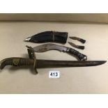 A SMALL INDIAN KUKRI KNIFE IN ORIGINAL SHEATH, 26CM LONG, TOGETHER WITH A EUROPEAN MILITARY DAGGER