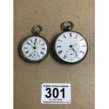 TWO SILVER CASED POCKET WATCHES, BOTH WITH ENAMEL DIALS AND ROMAN NUMERALS DENOTING HOURS