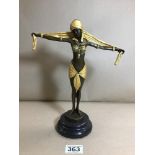 A 20TH CENTURY BRONZE FIGURE OF A DANCING LADY IN THE ART DECO STYLE WITH GILT DETAILING THROUGHOUT,