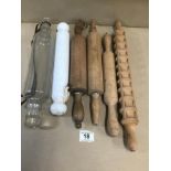 SIX VINTAGE ROLLING PINS, INCLUDING ONE BY PYREX AND ONE CERAMIC