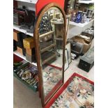 A LARGE EARLY 20TH CENTURY OAK FRAMED MIRROR WITH DEMILUNE TOP, 145CM HIGH