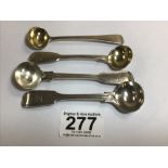 FOUR EARLY SILVER MUSTARD SPOONS, TWO BEING GEORGIAN, THE EARLIEST HALLMARKED LONDON 1806 BY