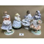TWO ROYAL WORCESTER FIGURES OF LADIES, INCLUDING 'ROSIE PICKING APPLES' TOGETHER WITH TWO SIMILAR BY