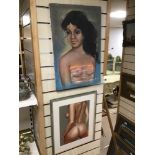 TWO PAINTING OF NUDE FEMALES, BOTH INDISTINCTLY SIGNED, ONE FRAMED AND GLAZED