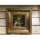 A 20TH CENTURY OIL ON BOARD DEPICTING FRUIT, INDISTINCTLY SIGNED, MOUNTED IN A GILT FRAME, 30CM