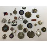 A COLLECTION OF 20TH CENTURY BADGES AND MEDALLIONS, SOME WITH ENAMEL DETAILING AND SOME SILVER