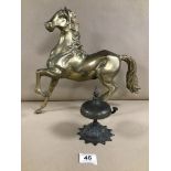 AN ORNATE VICTORIAN BRASS DESK BELL, 15CM HIGH, TOGETHER WITH A LARGE BRASS FIGURE OF A HORSE