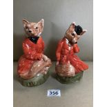 A PAIR OF STAFFORDSHIRE POTTERY FOXES IN HUNTING UNIFORM, LARGEST 20.5CM HIGH