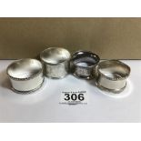 FOUR SOLID SILVER NAPKIN RINGS, TWO OF WHICH WITH ENGRAVED FLORAL MOTIFS, 102G