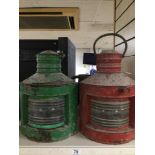TWO EARLY 20TH CENTURY PAINTED SHIPS LANTERNS, PORT AND STARBOARD, ONE BEING RED, THE OTHER GREEN,
