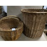 A LARGE WICKER RUBBISH BIN AND A SINGLE HANDLED BASKET