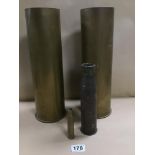 TWO LARGE WWII ERA 105MM M14 TYPE I BRASS CASES, 37CM HIGH, TOGETHER WITH TWO SMALLER SHELL CASES
