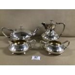 A FOUR PIECE SILVER PLATE TEA SET BY JAMES DIXON AND SONS, COMPRISING TEA POT, HOT WATER POT,