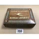 A MIDDLE EASTERN KUWAIT AIRWAYS WOODEN BOX WITH INLAID MARQUETRY AND PARQUETRY BONE AND MOTHER OF